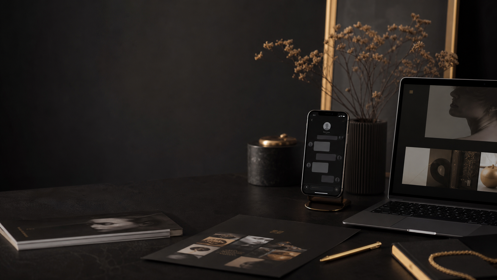 A quiet luxury digital studio workspace with website and booking flow concepts